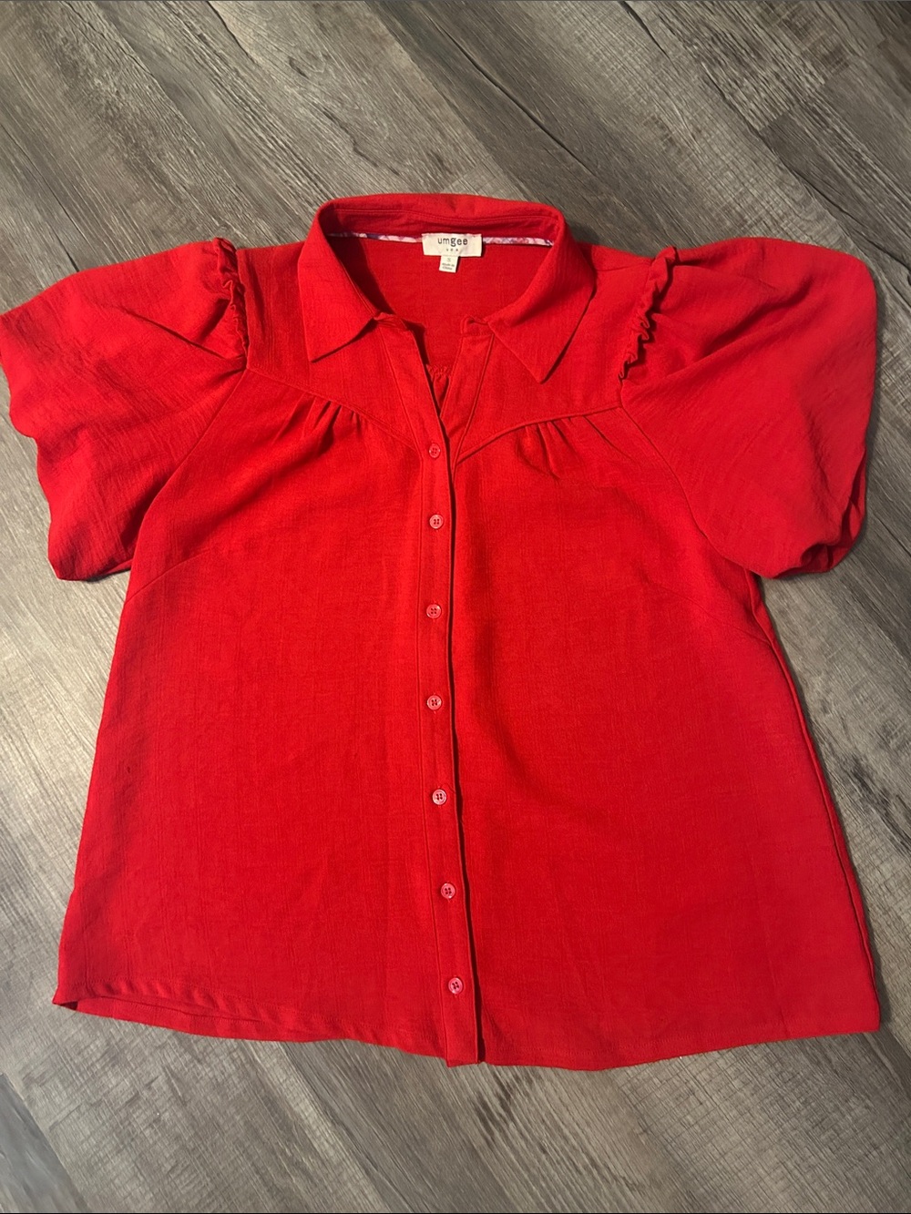 Umgee Bold Red Puff Sleeve Button-Down Top